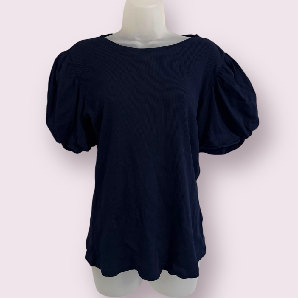1. State Puff Sleeve Ribbed Knit Top Navy Blue Size M